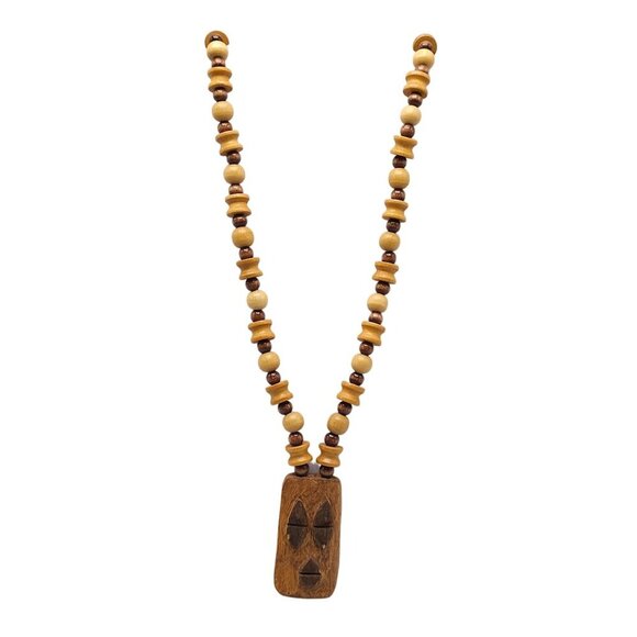 Handmade Wooden Beaded Necklace With Carved Tribal Pendant No Clasp - Picture 1 of 8
